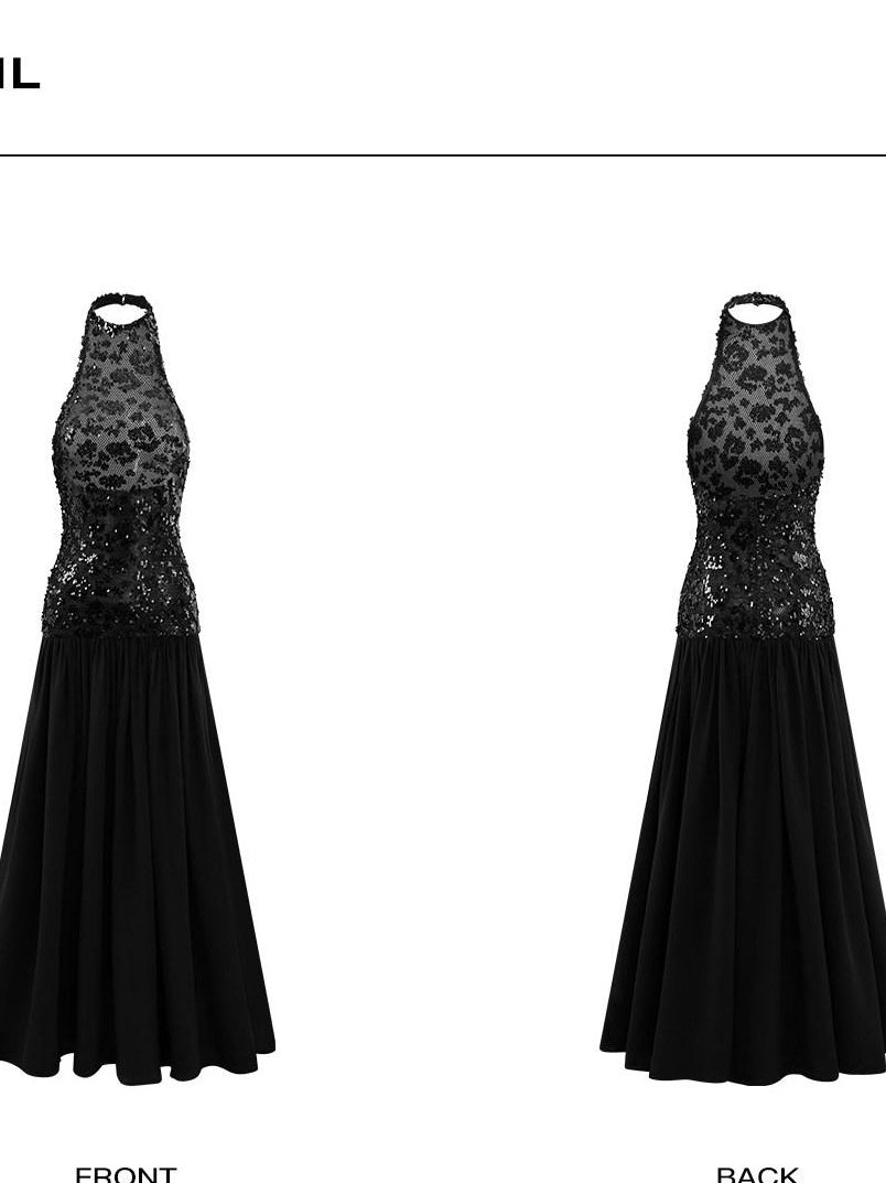 rovente Elegant Sequin Halter Natural Waist Party Black Stretch Maxi Desses