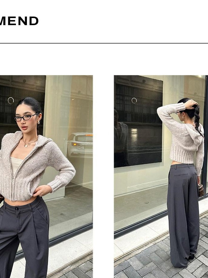 rovente Minimal Casual Natural Waist Zipper Straight Women Solid Grey Wide Leg Pants