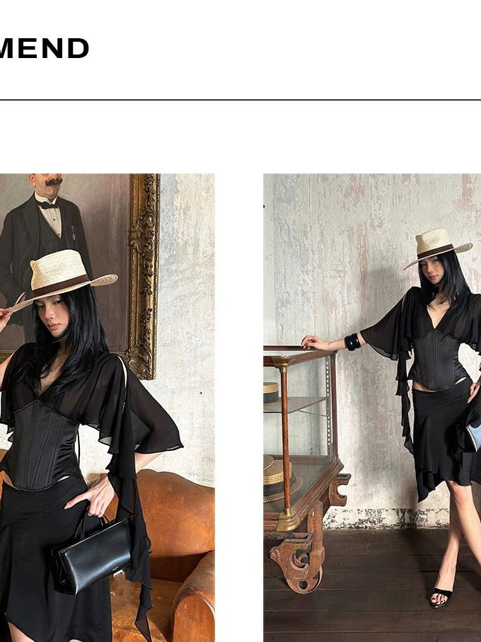 rovente Elegant V-neck Slim Black Viscose Women Travel Casual Shot Sleeve T-Shits