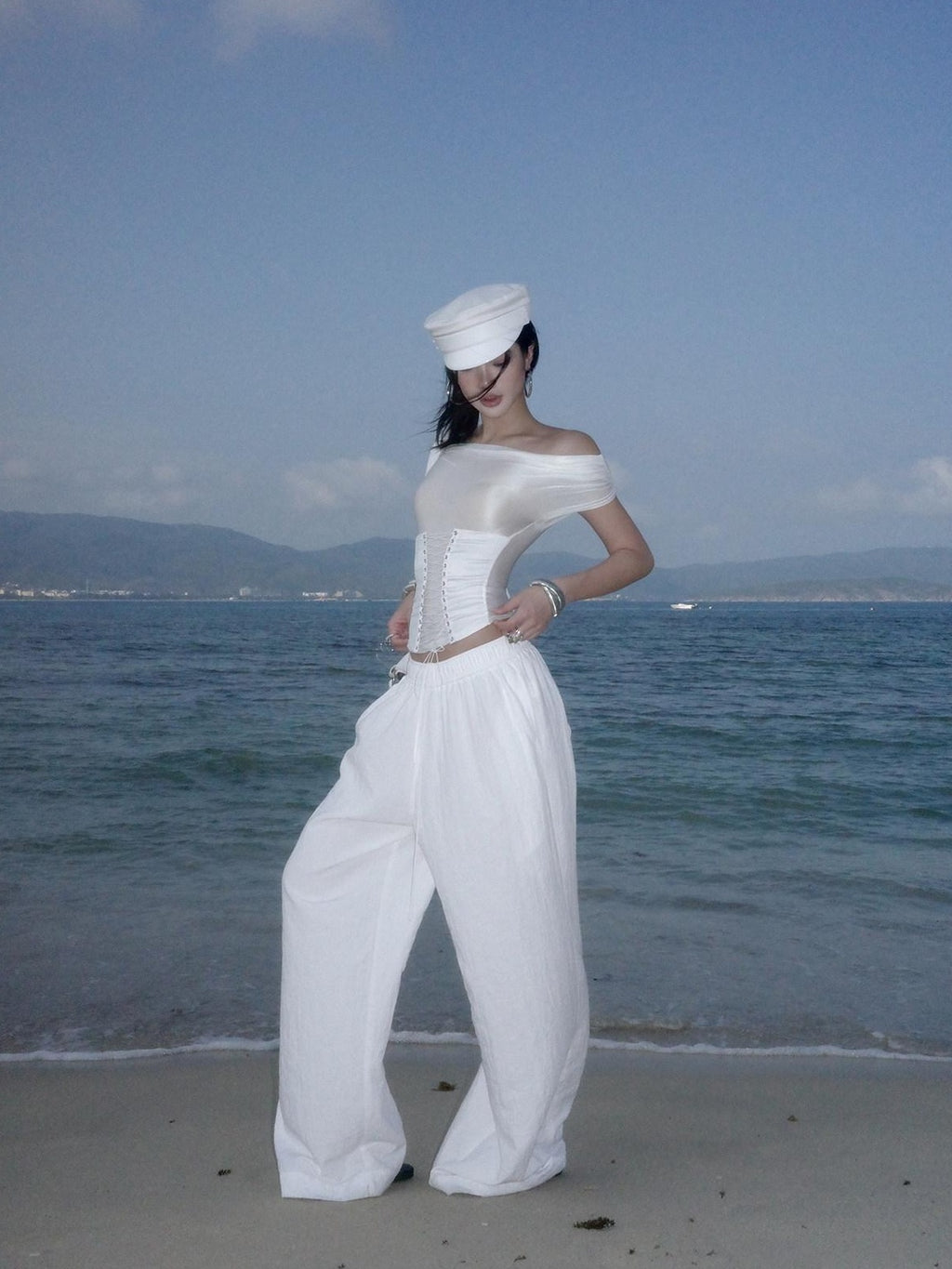rovente Sexy Slim Tie Front Cropped White Bardot Top Women Travel Off Shoulde Cop Tops