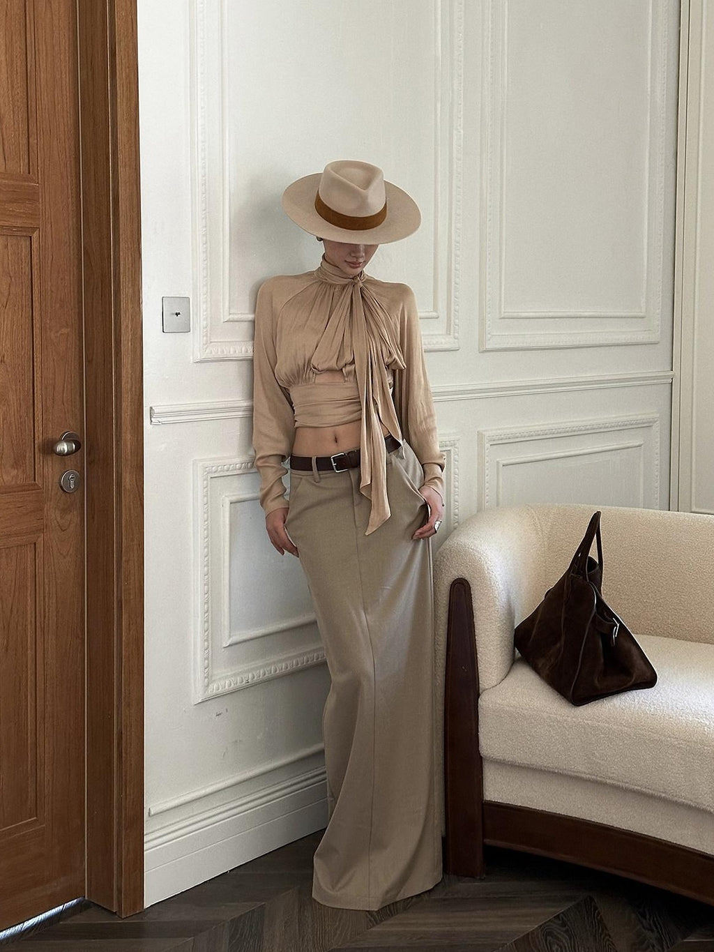 rovente Elegant Slim Waist Stand Collar Women Party Nude Polyester Long Sleeve Cop Tops