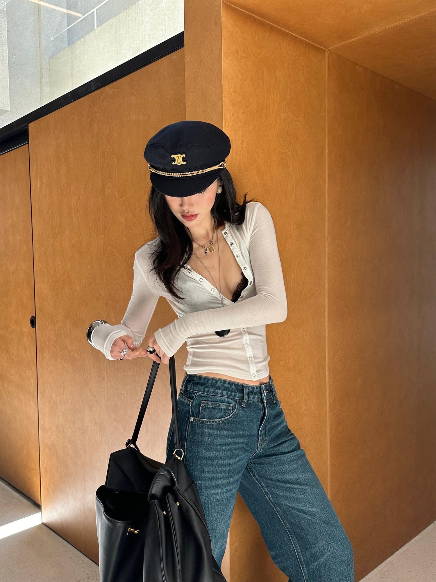 rovente Wool Cashmere Slim Knit Open Front Round Neck Women White Long Sleeve T-Shits