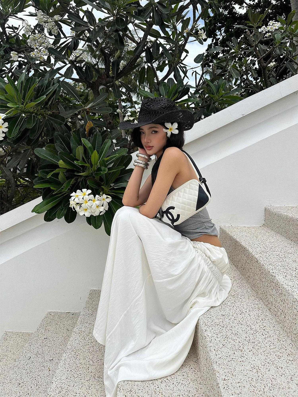 rovente Low Waist Cotton Nylon Versatile Loose H Line Mid Length White Maxi Skits