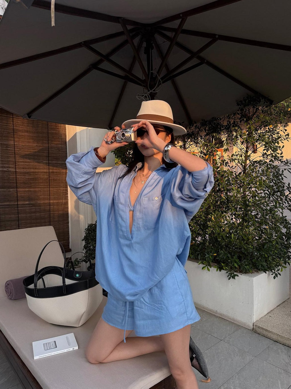 rovente Lyocell 3 Piece Loose V-neck Long Sleeve Casual Blue Top & Shots Sets