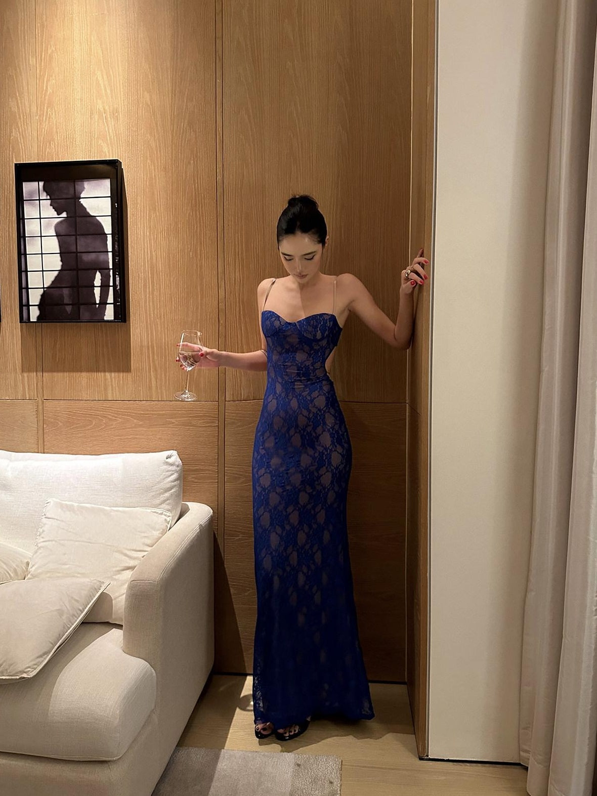 rovente Elegant Slim Spaghetti Strap Knit Mermaid Back Zipper Women Sapphire Maxi Desses