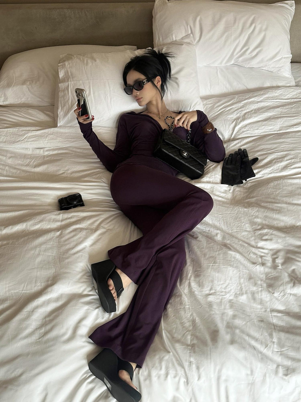 rovente Lyocell Wool Knit Slim V-neck Casual Women Purple Black Top & Pants Sets