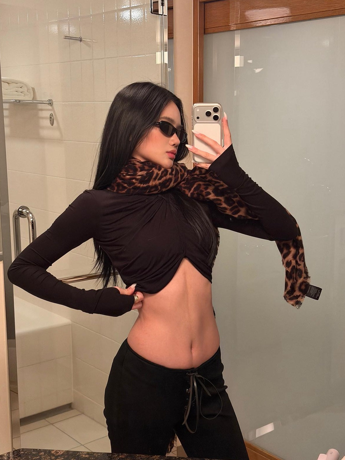 rovente Stretch Slim Fit High Neck Pleated Asymmetric Women Black Long Sleeve Cop Tops