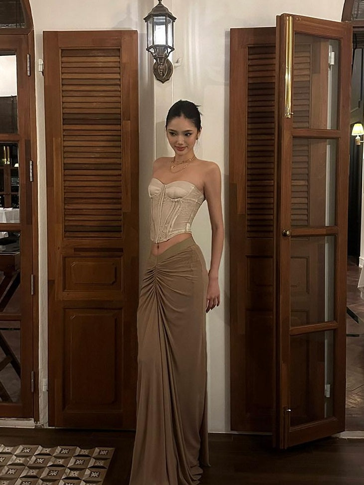 rovente Sexy Slim Straight Pleated Mid Rise Brown Polyester Stretch Maxi Skits