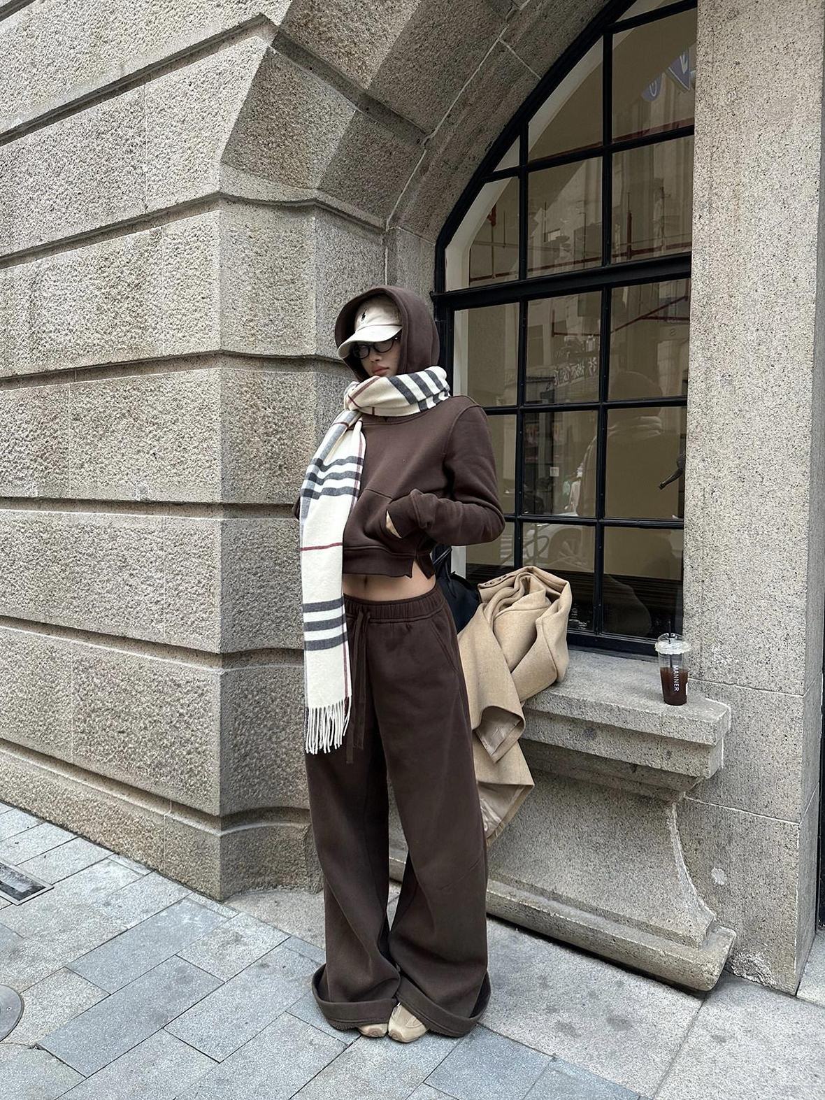 rovente Warm Cotton Blend Loose Fit Hooded Two Piece Casual Women Coffee Hoodie