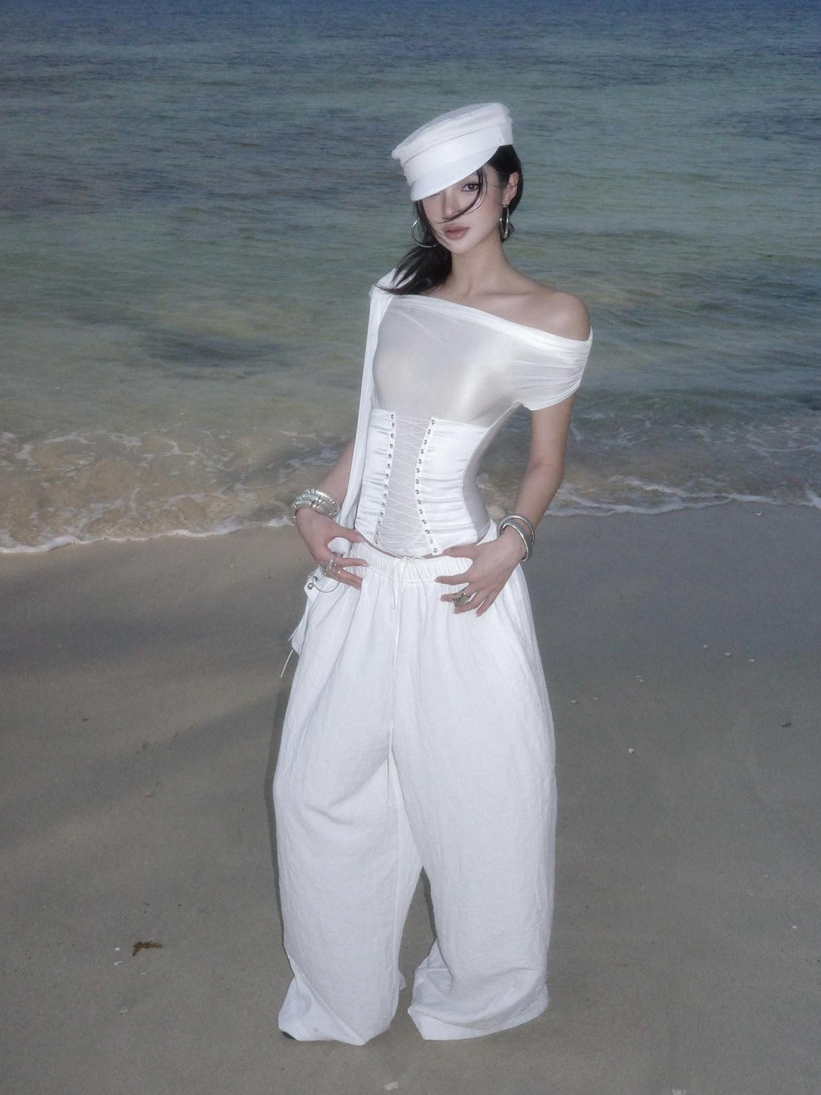rovente Breathable Cotton Linen Blend Natural Waist Office Loose White Wide Leg Pants