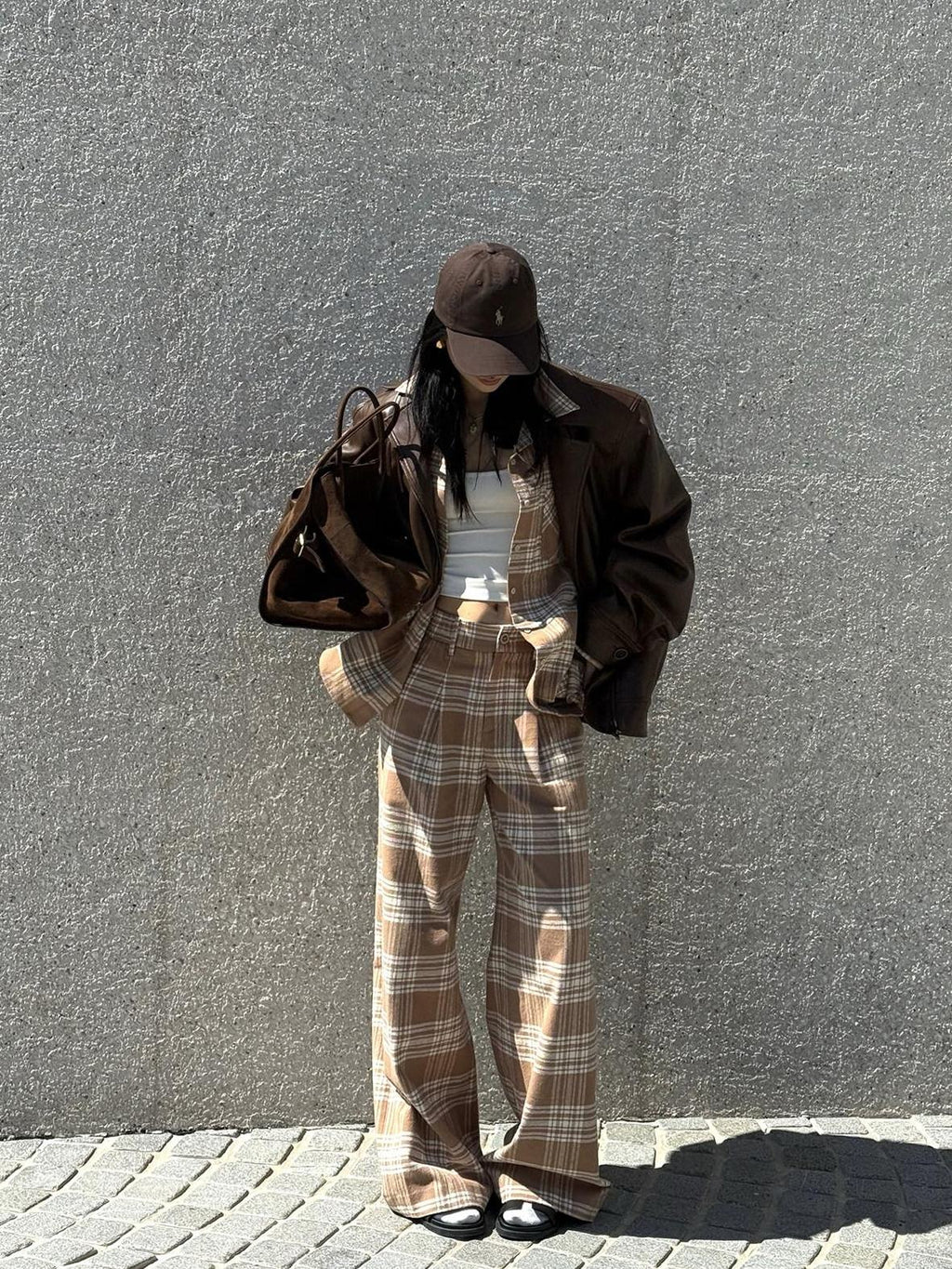 rovente 100% Cotton Plaid Casual Relaxed Zipper Natural Waist Women Wide Leg Pants