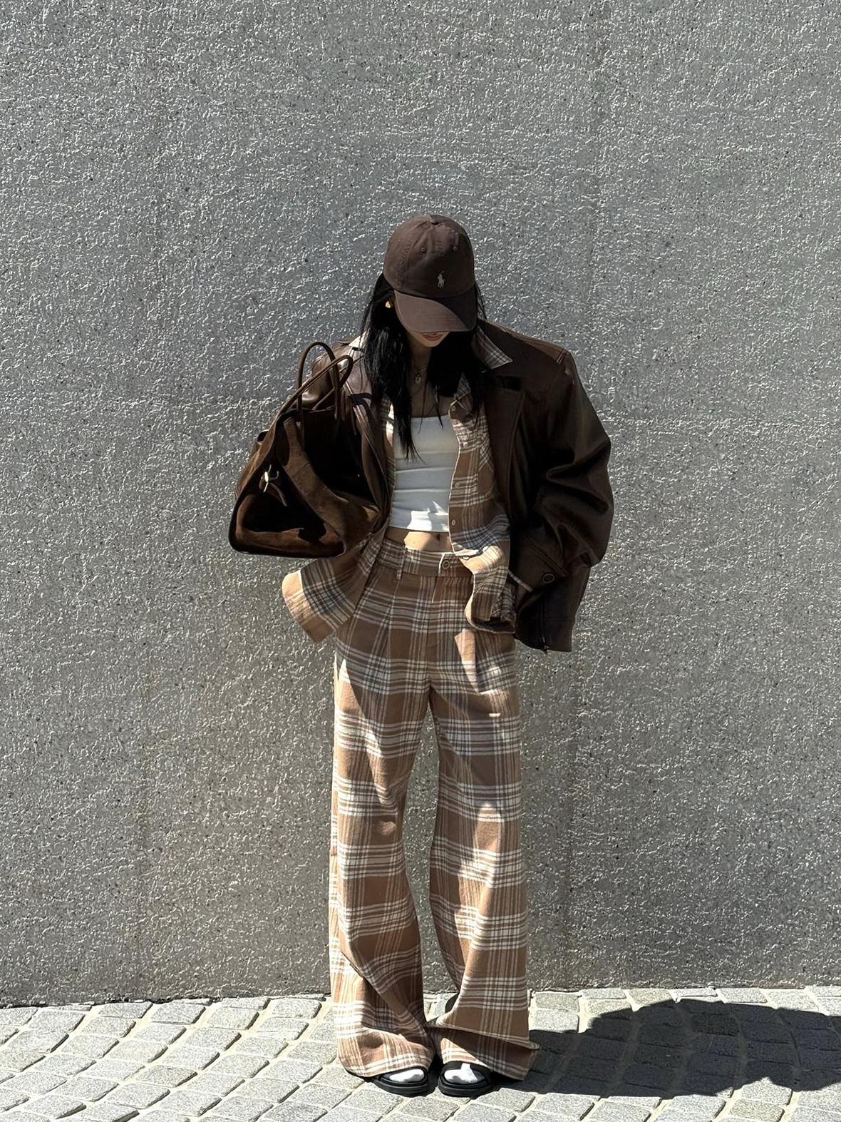 rovente 100% Cotton Plaid Casual Relaxed Zipper Natural Waist Women Wide Leg Pants