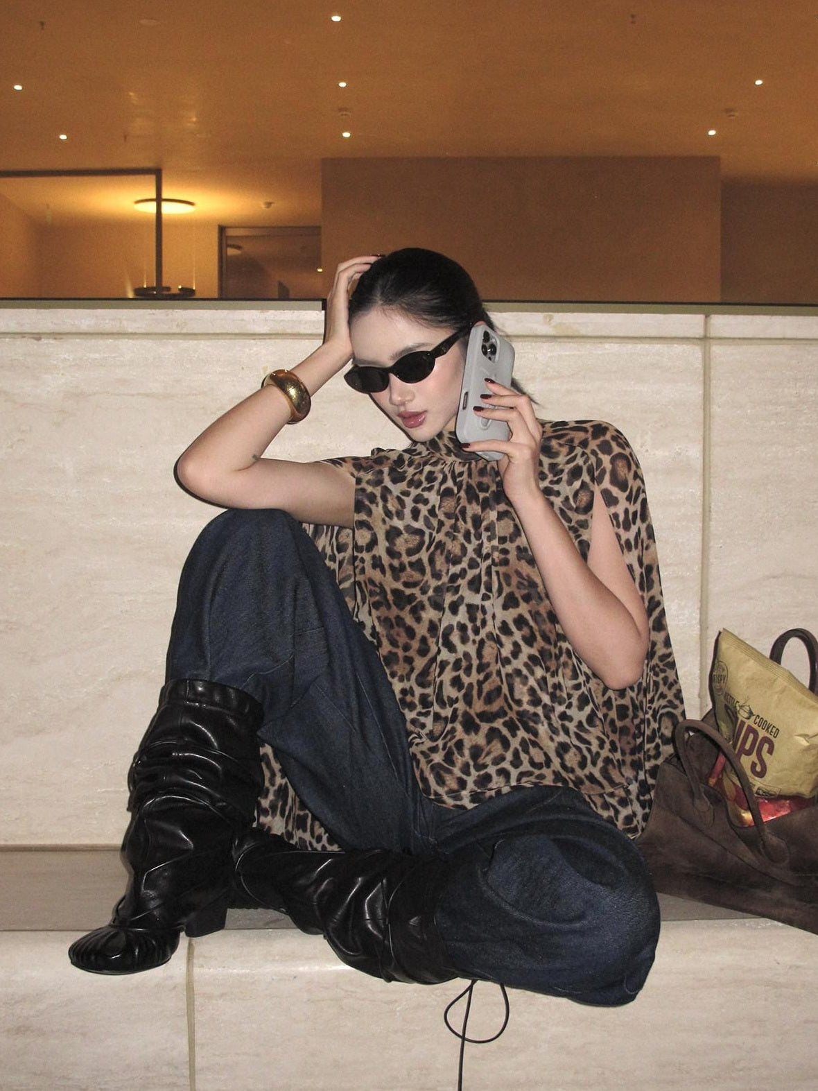 rovente 100 Percent Polyester Leopard High Neck Side Slit Button Shot Sleeve T-Shits