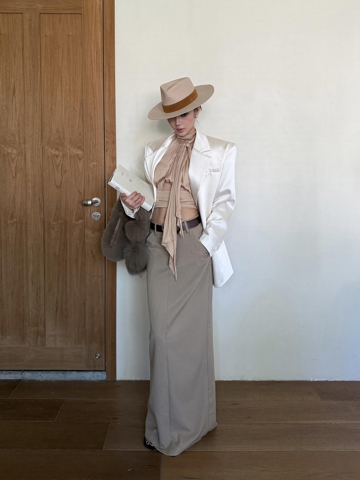 rovente Back Slit Mid Waist Khaki Casual H Cut Straight Poly Blend Maxi Skits