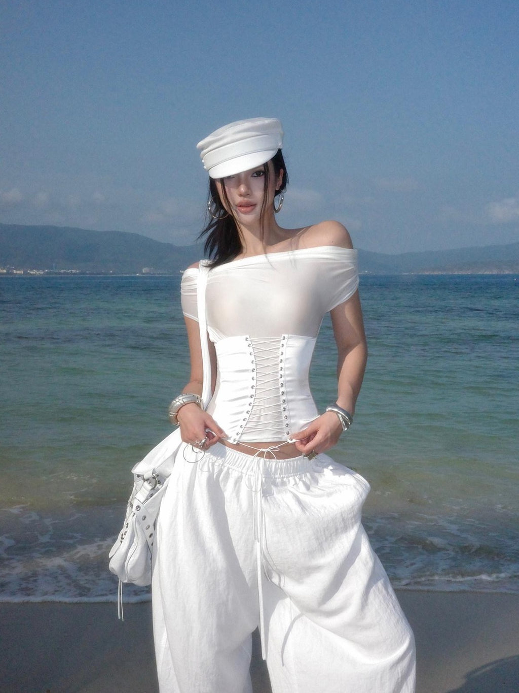 rovente Sexy Slim Tie Front Cropped White Bardot Top Women Travel Off Shoulde Cop Tops
