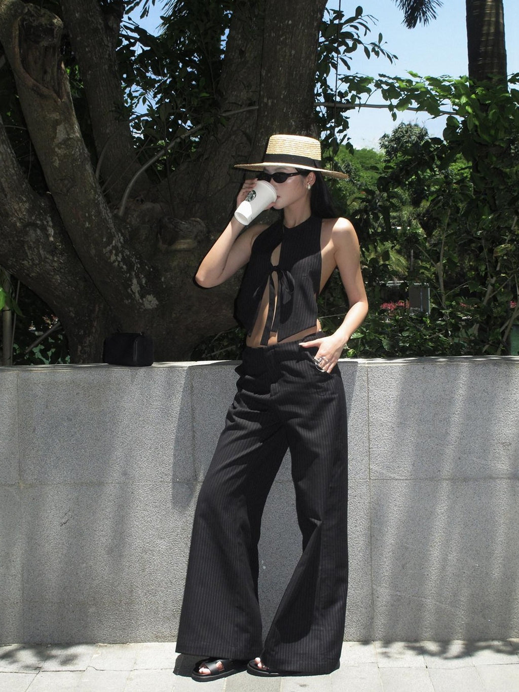 rovente Professional Office Natural Waist Black Pinstripe Polyester Long Wide Leg Pants