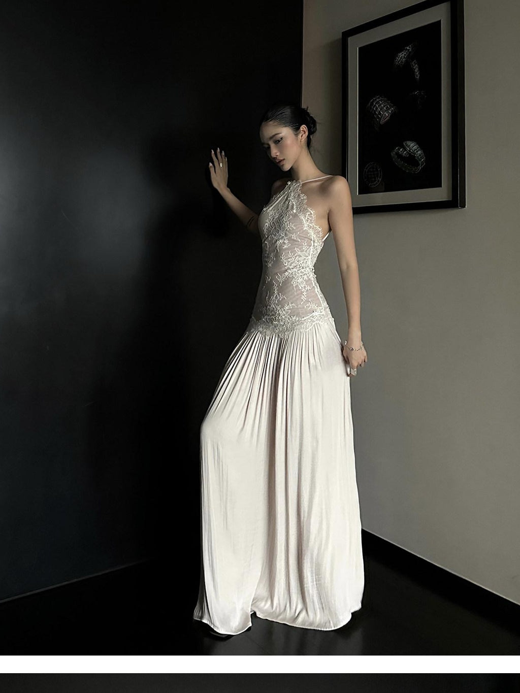 rovente test Elegant Lace High Waist Nylon A Line Date Night Beige Maxi Dresses