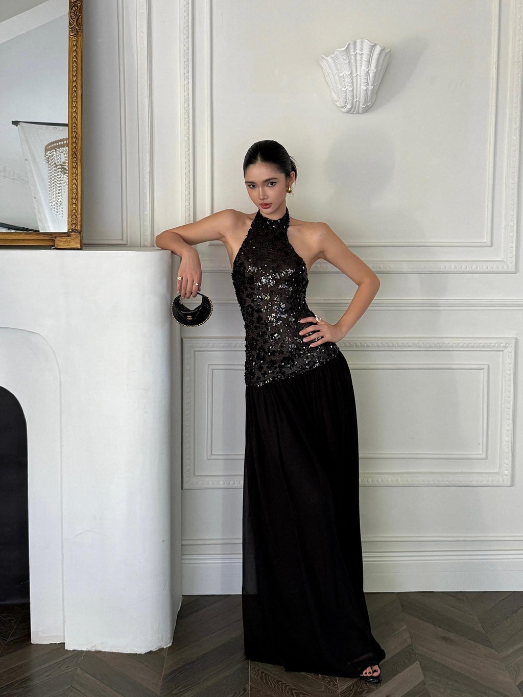 rovente test Shimmer Sequin Halter Neck Natural Waist Banquet Black Stretch Maxi Dresses