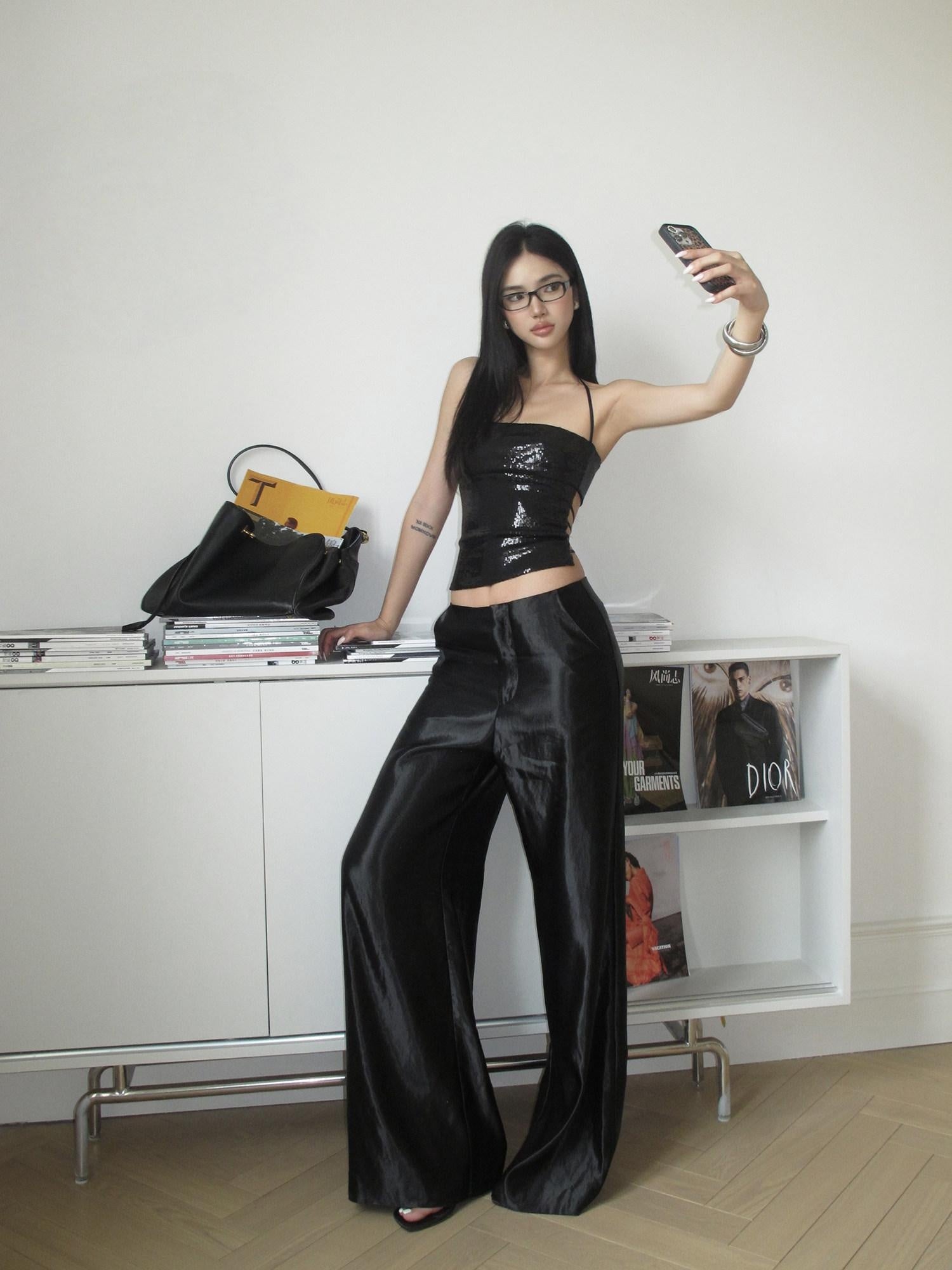 rovente Satin Viscose Minimal Commuter Pockets Natural Waist Women Black Wide Leg Pants