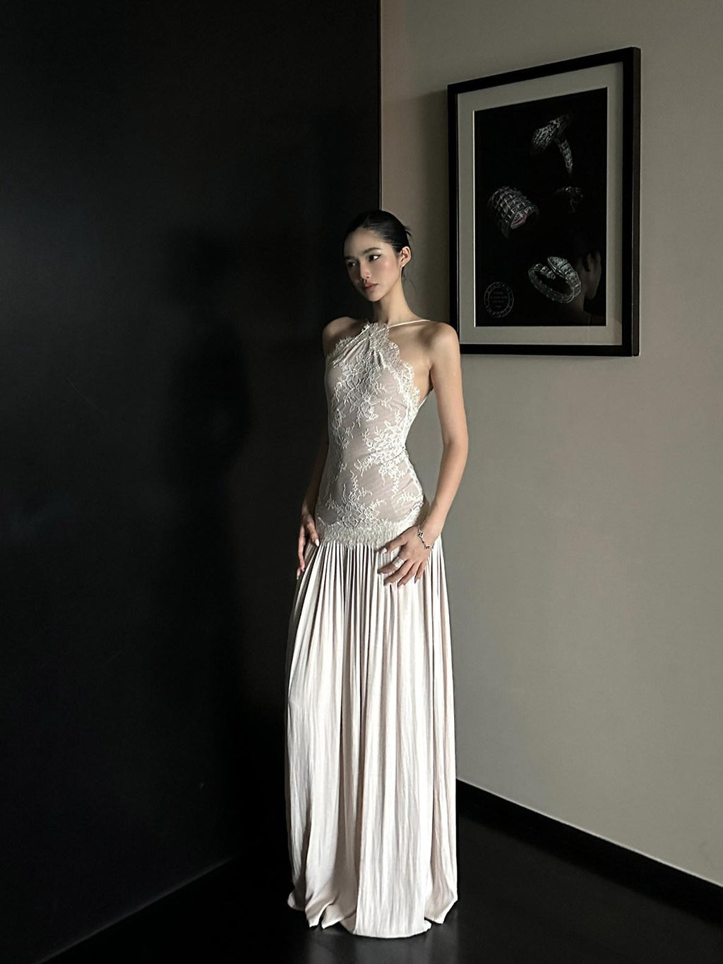 rovente Elegant High Waist Lace A Line Cami Knit Dress Date Women Apricot Maxi Desses