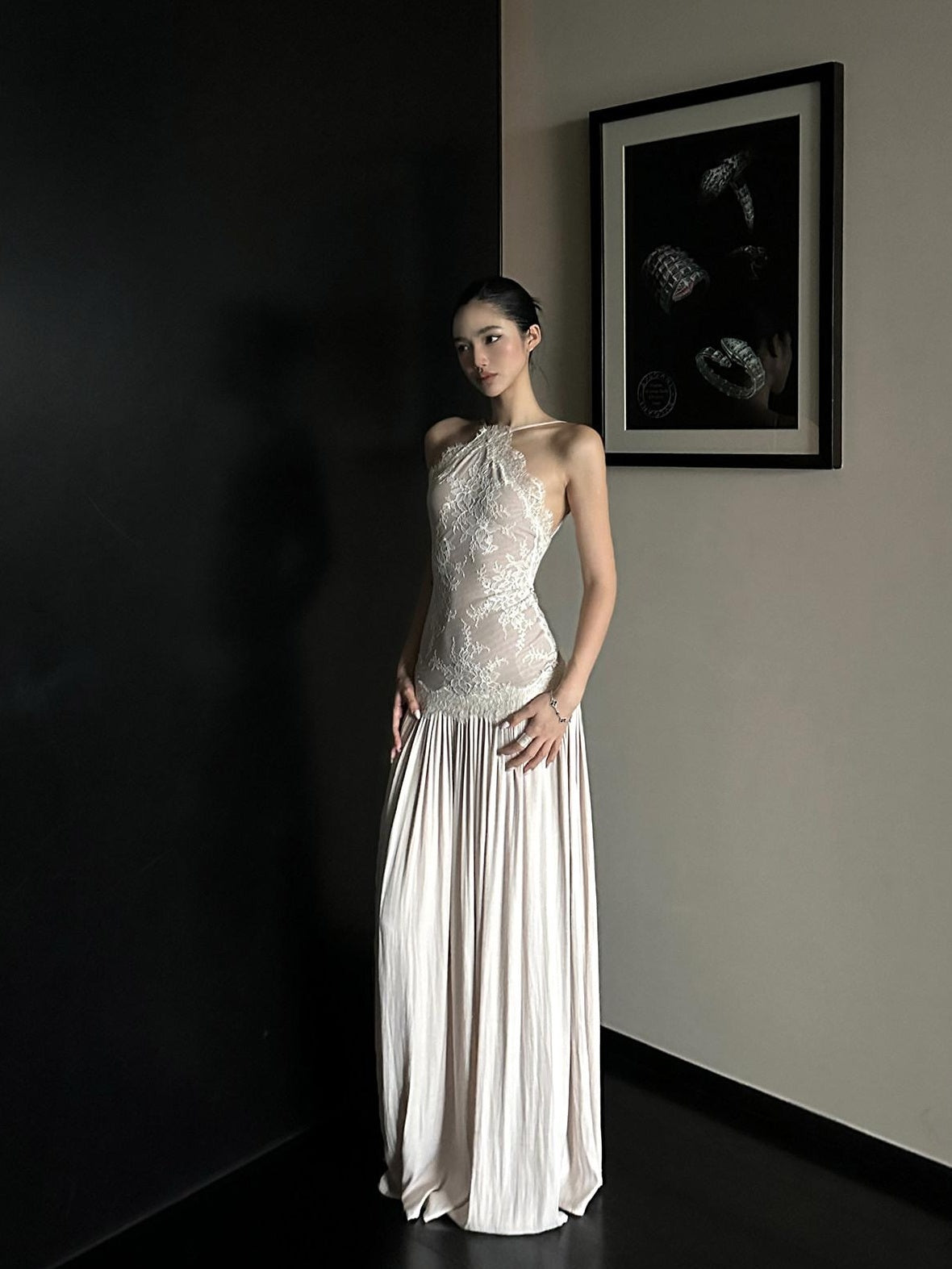 rovente Elegant High Waist Lace A Line Cami Knit Dress Date Women Apricot Maxi Desses