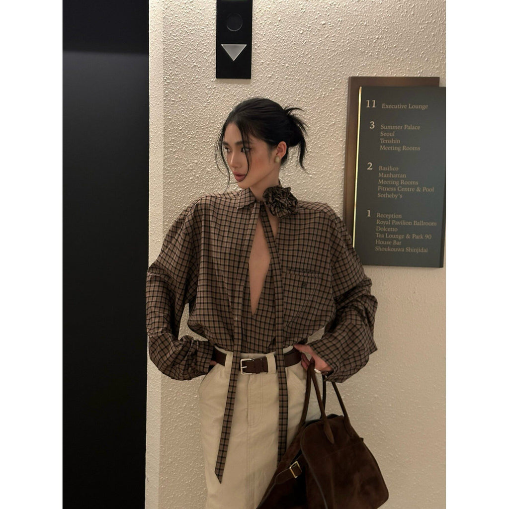 rovente_Minimal_Commuter_Loose_Fit_V-neck_Plaid_Long_Sleeve_Patch_Pocket_Women_Shits_MISSTT