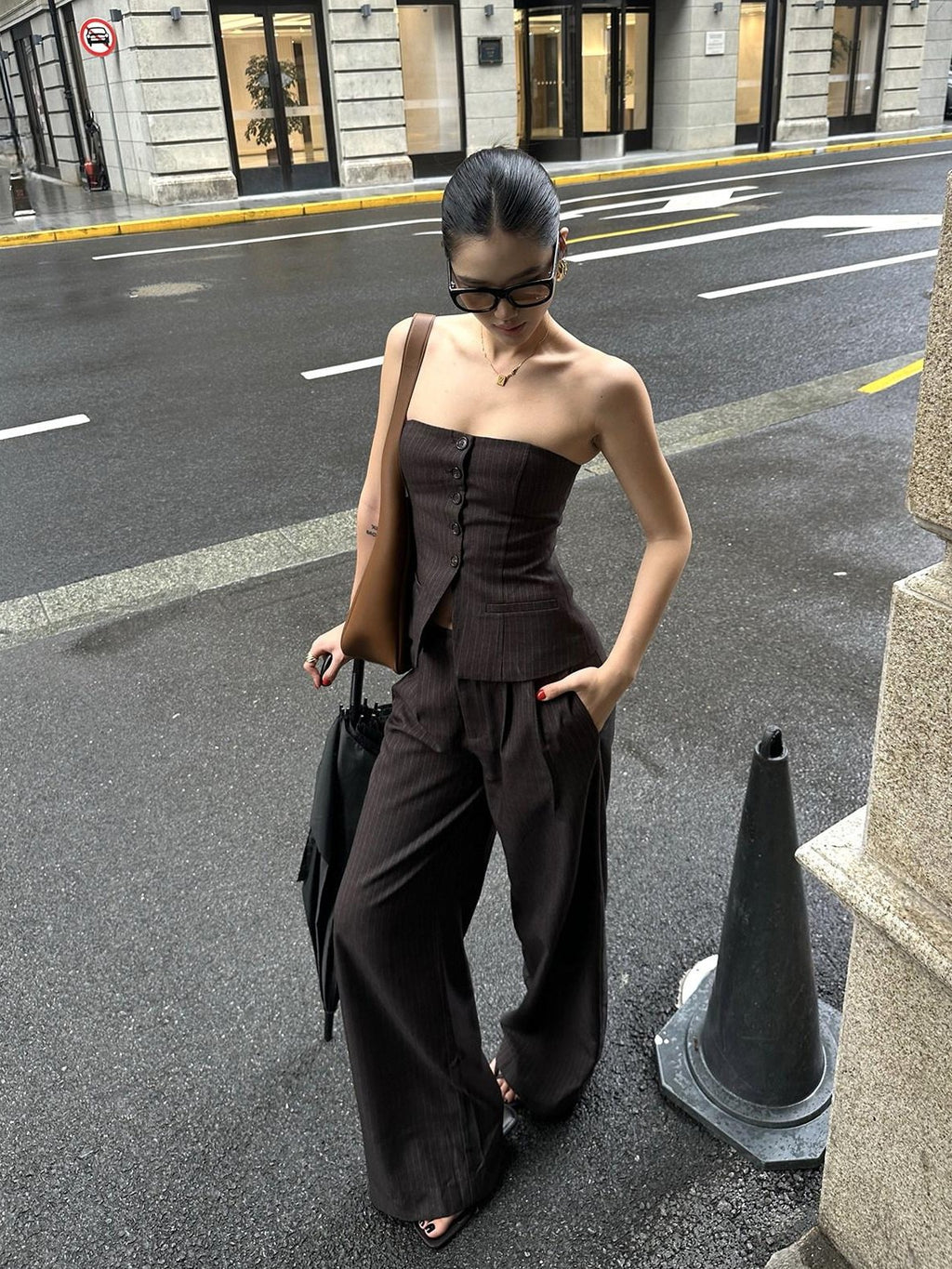 rovente Elastic Waist Minimalist Stripe Workwear Women Pocket Brown Wide Leg Pants