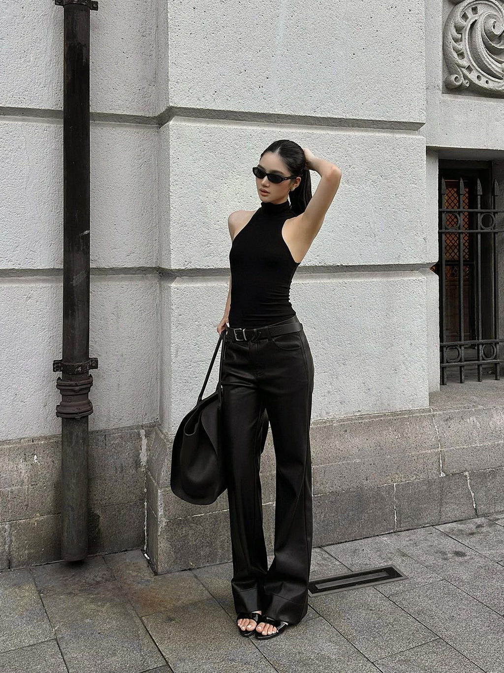 rovente Faux Pu Zipper Minimalist Natural Waist Womens Casual Black Staight Pants