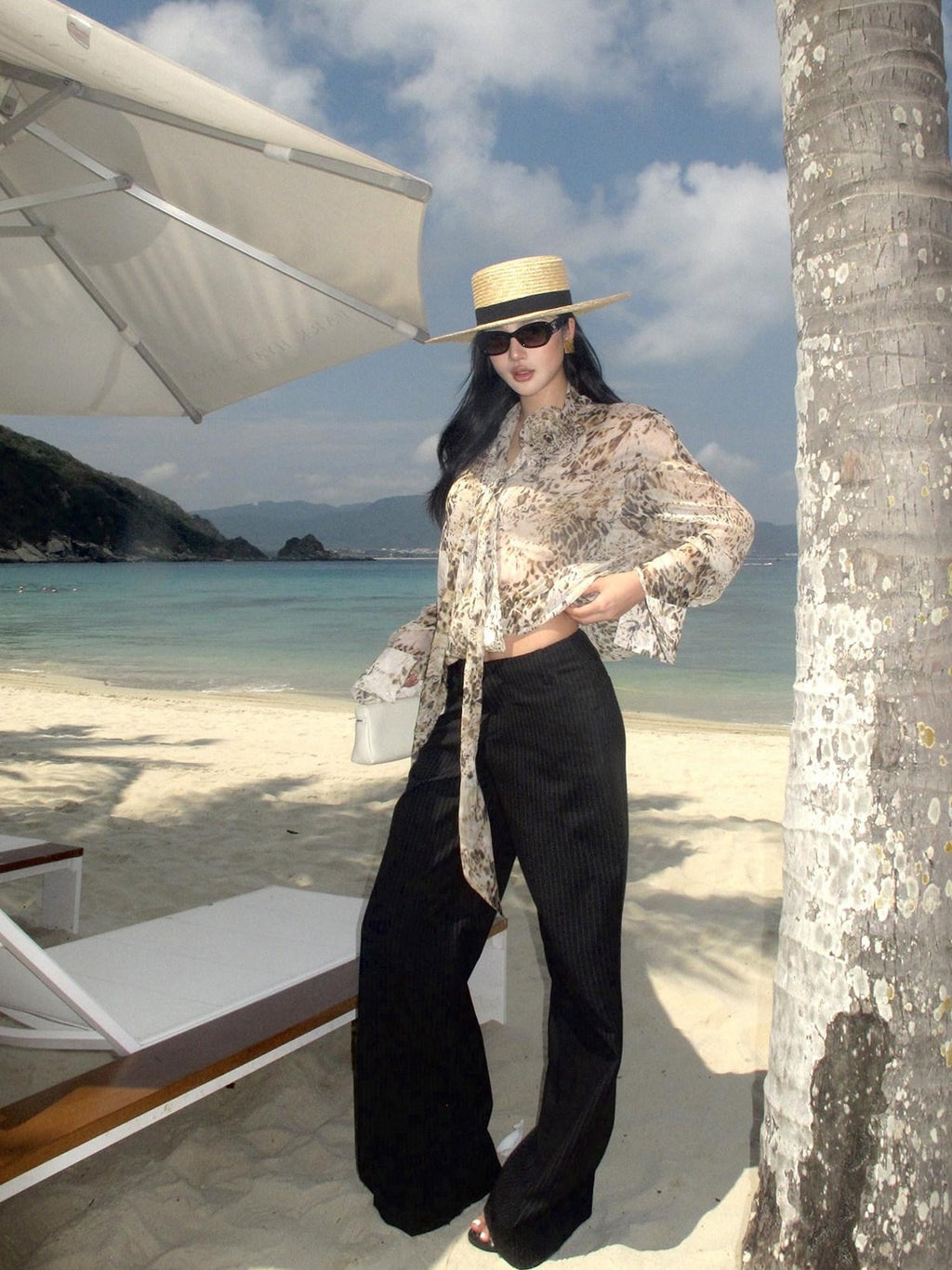 rovente Professional Office Natural Waist Black Pinstripe Polyester Long Wide Leg Pants