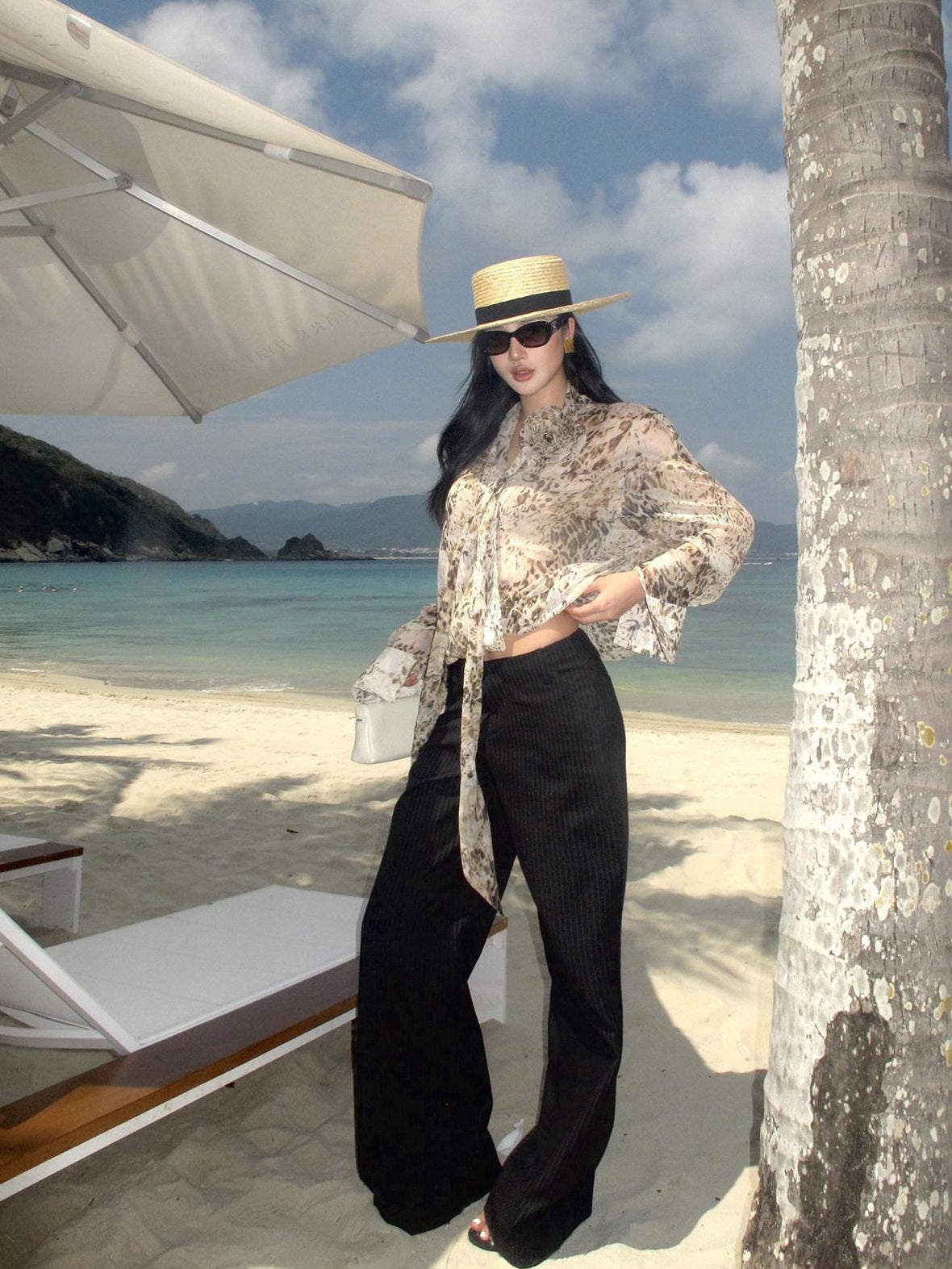 rovente Professional Office Natural Waist Black Pinstripe Polyester Long Wide Leg Pants