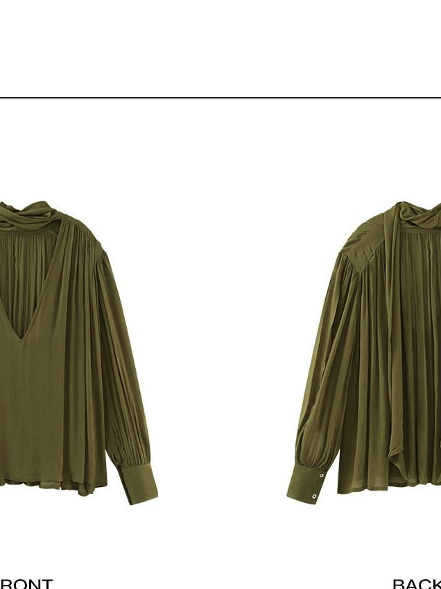 rovente Lightweight Minimal Commuter Loose V-neck Solid Green Pullover Longsleeve Blouses