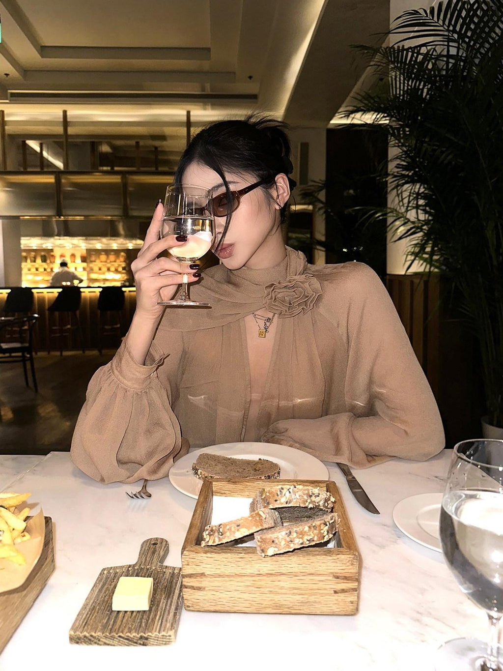 rovente Elegant V-neck Loose Fit Long Sleeve Nude Woven Zipper Women Party Blouses