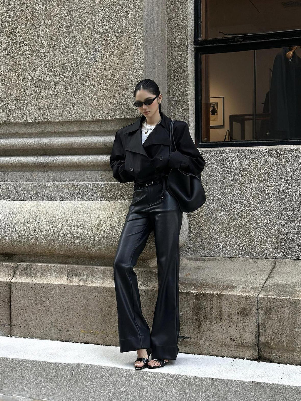 rovente Faux Pu Zipper Minimalist Natural Waist Womens Casual Black Staight Pants