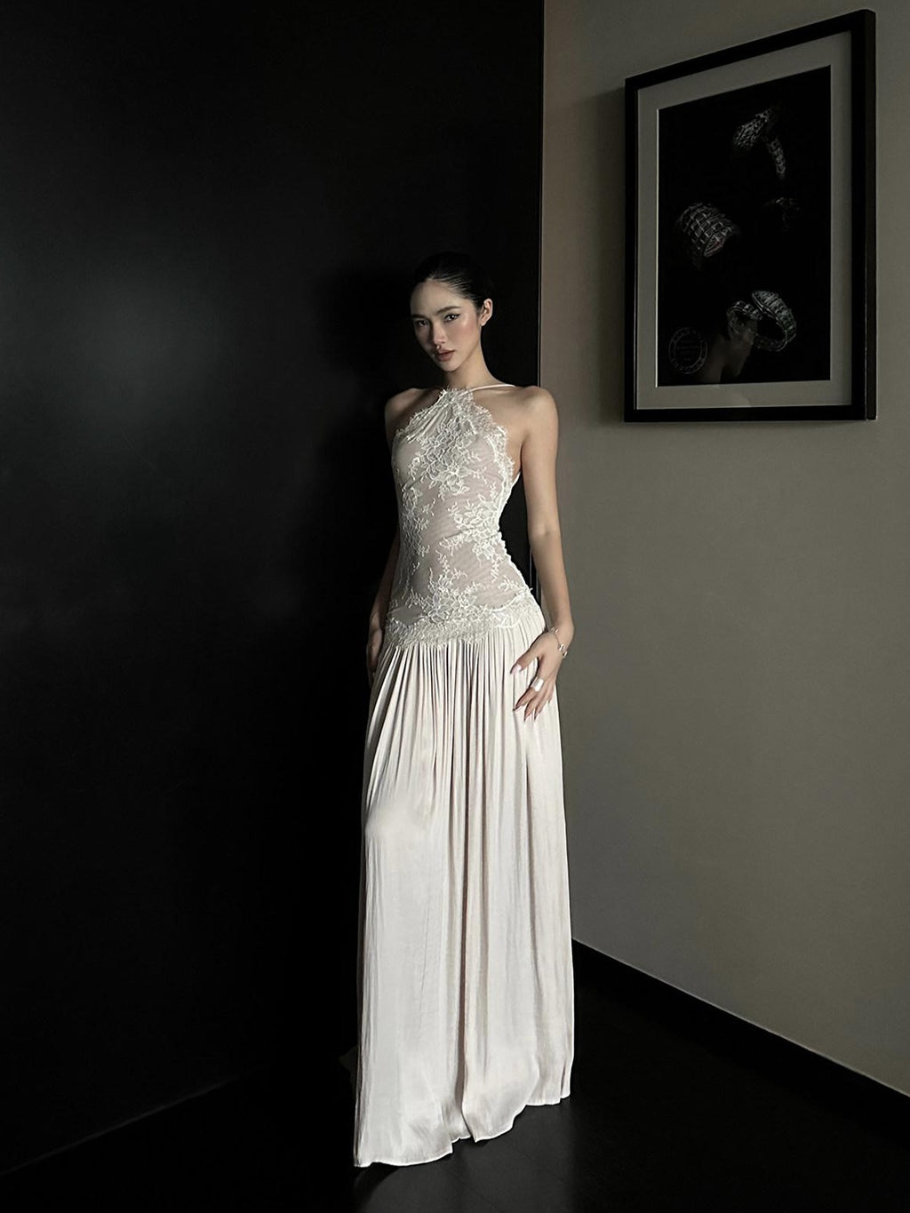 rovente test Elegant Lace High Waist Nylon A Line Date Night Beige Maxi Dresses