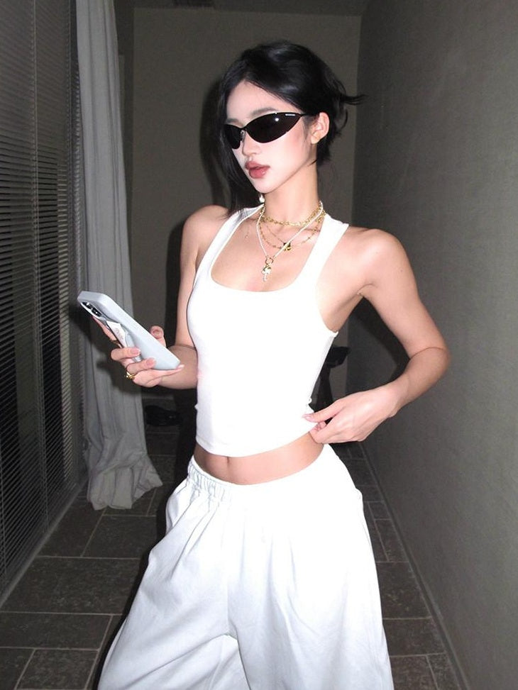 rovente Versatile Low Rise Elastic Waist Cotton White Loose Women Wide Leg Pants