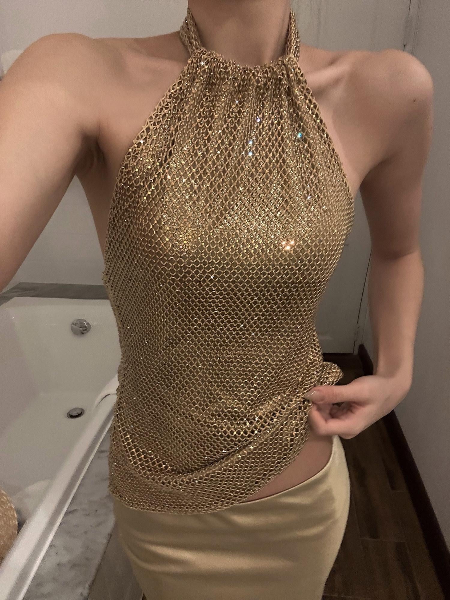 rovente Elegant Slim Gold Halter 3D Decor Women Party Tank Halte Cop Tops