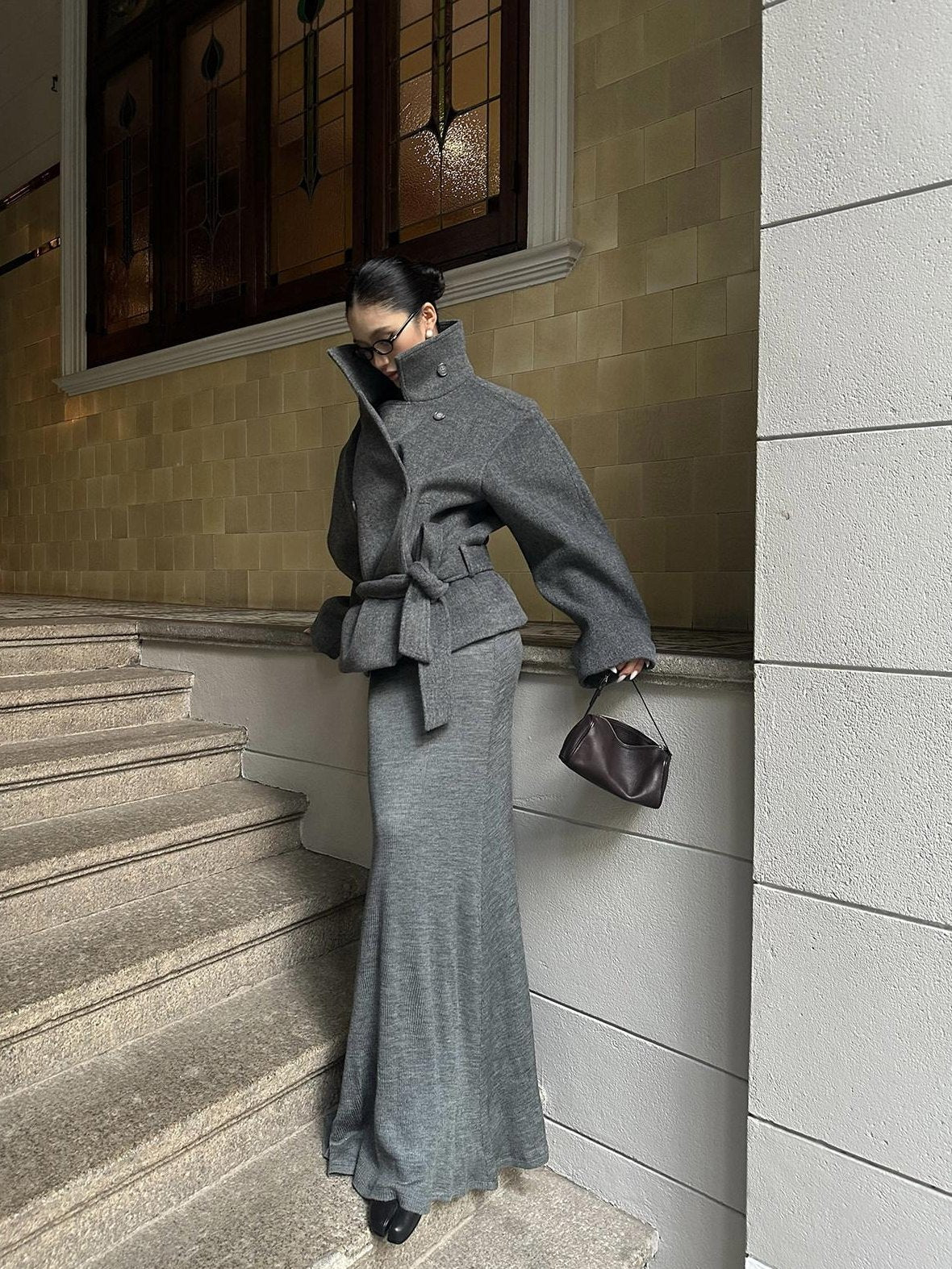 rovente Warm Thick Stand Collar Loose Korean Pocket Women Dark Gray Wool Coats