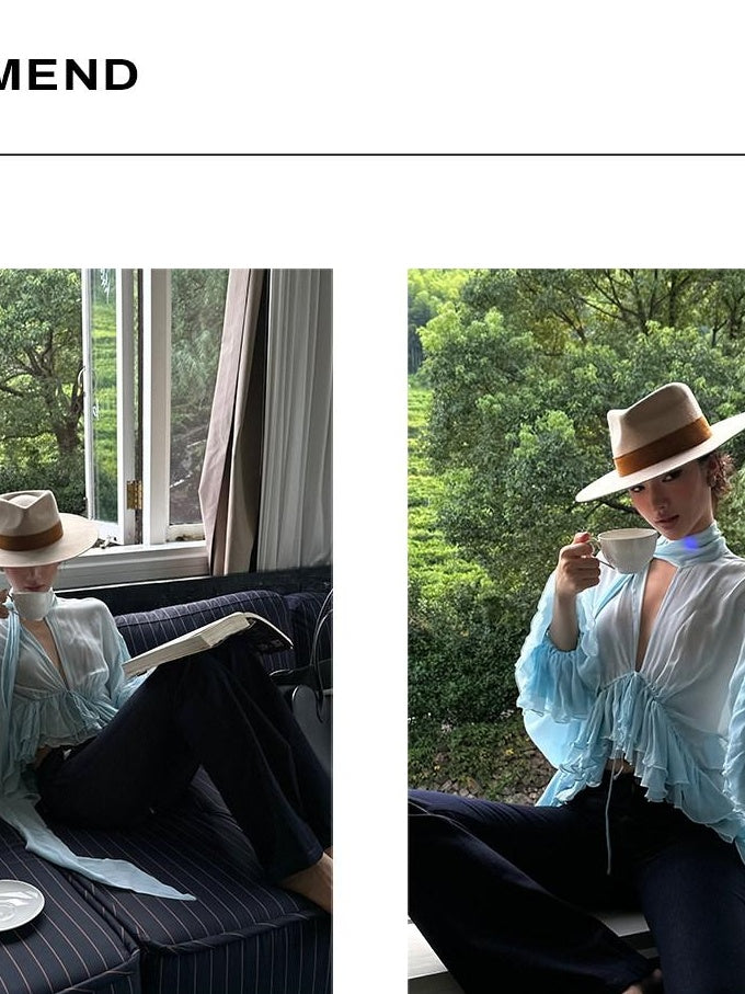 rovente Breathable Elegant Ruffle V-neck Loose Long Sleeve Blue Solid Pullover Blouses