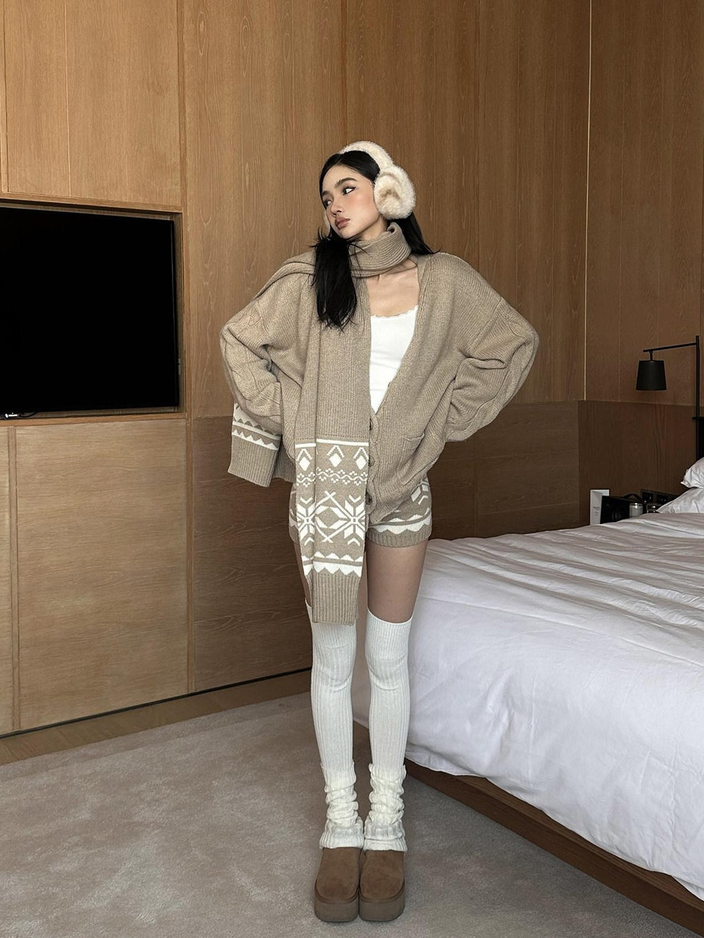 rovente Warm Button Cardigan Loose Commuter Knit Apricot Sweater Shorts Top & Shots Sets