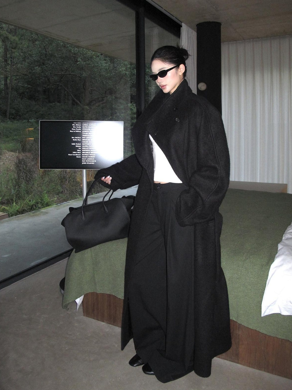 rovente Natural Waist Casual Minimalist Zip Fly Black Polyester Wide Leg Pants