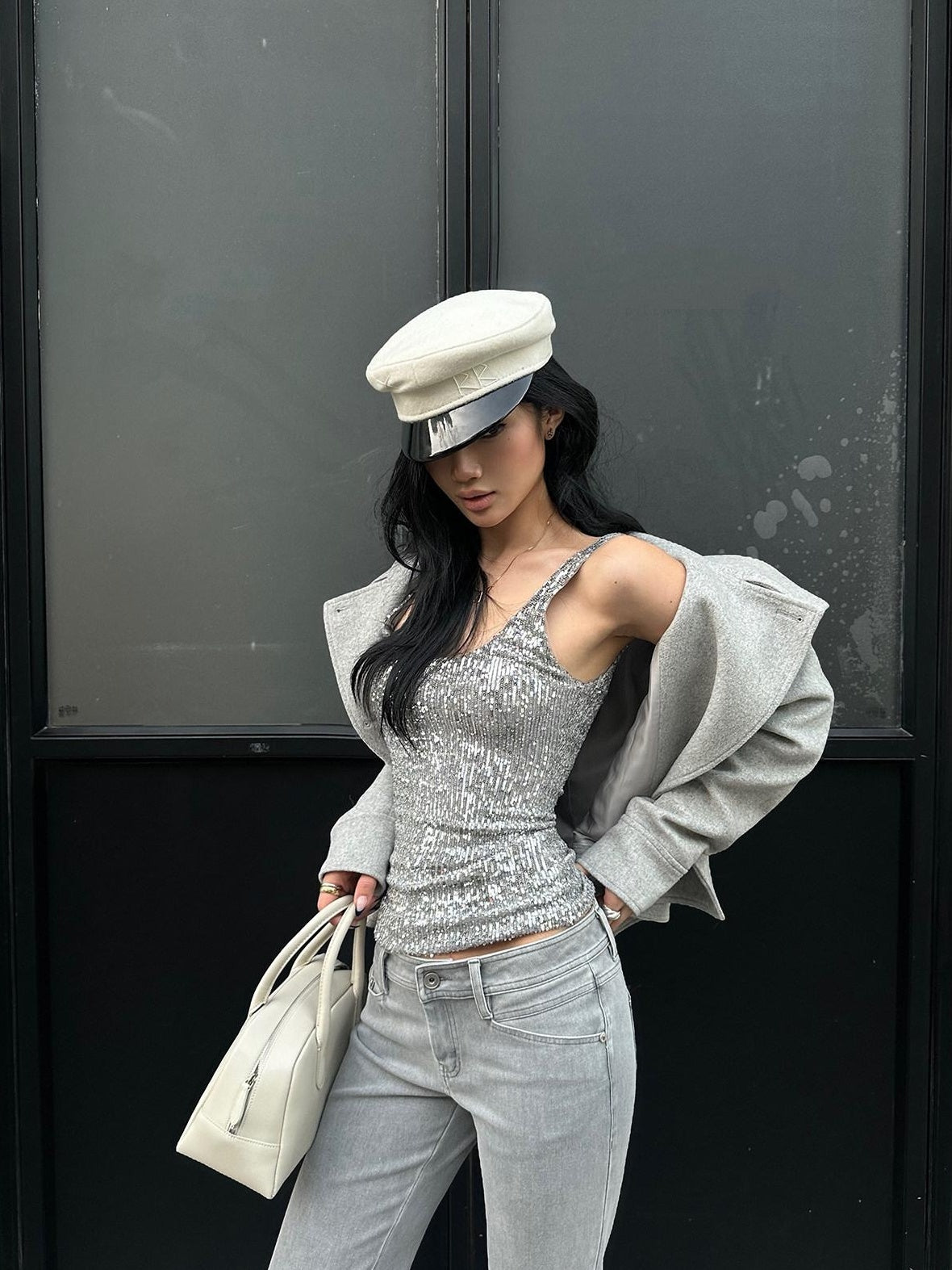 rovente Shimmer Silver High Stretch Spaghetti Strap Slim U Neck Party Travel Camisoles