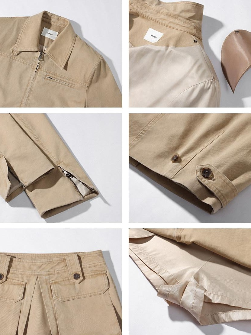rovente Cotton Slim Fit Zipper Casual Cropped Khaki Longsleeve Women Copped Jackets