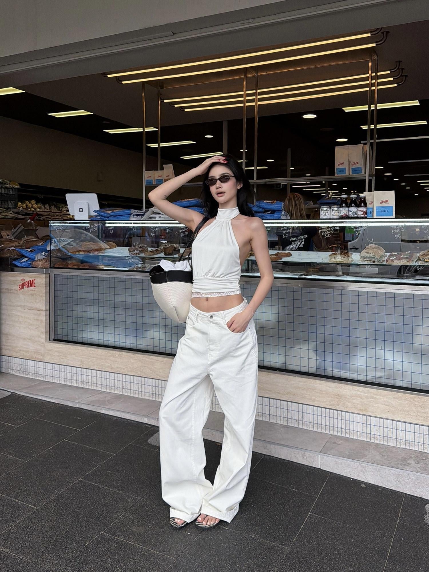 rovente 100% Cotton Casual Loose Natural Waist Solid White Pockets Women Wide Leg Jeans