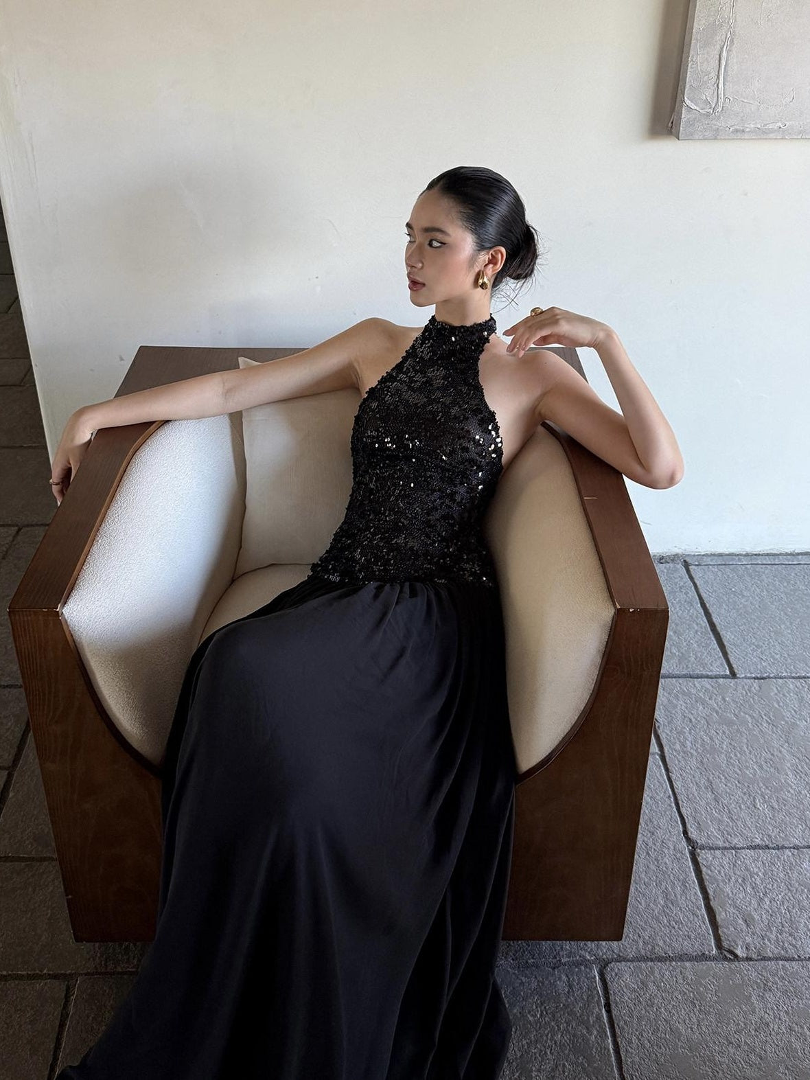 rovente Elegant Sequin Halter Natural Waist Party Black Stretch Maxi Desses