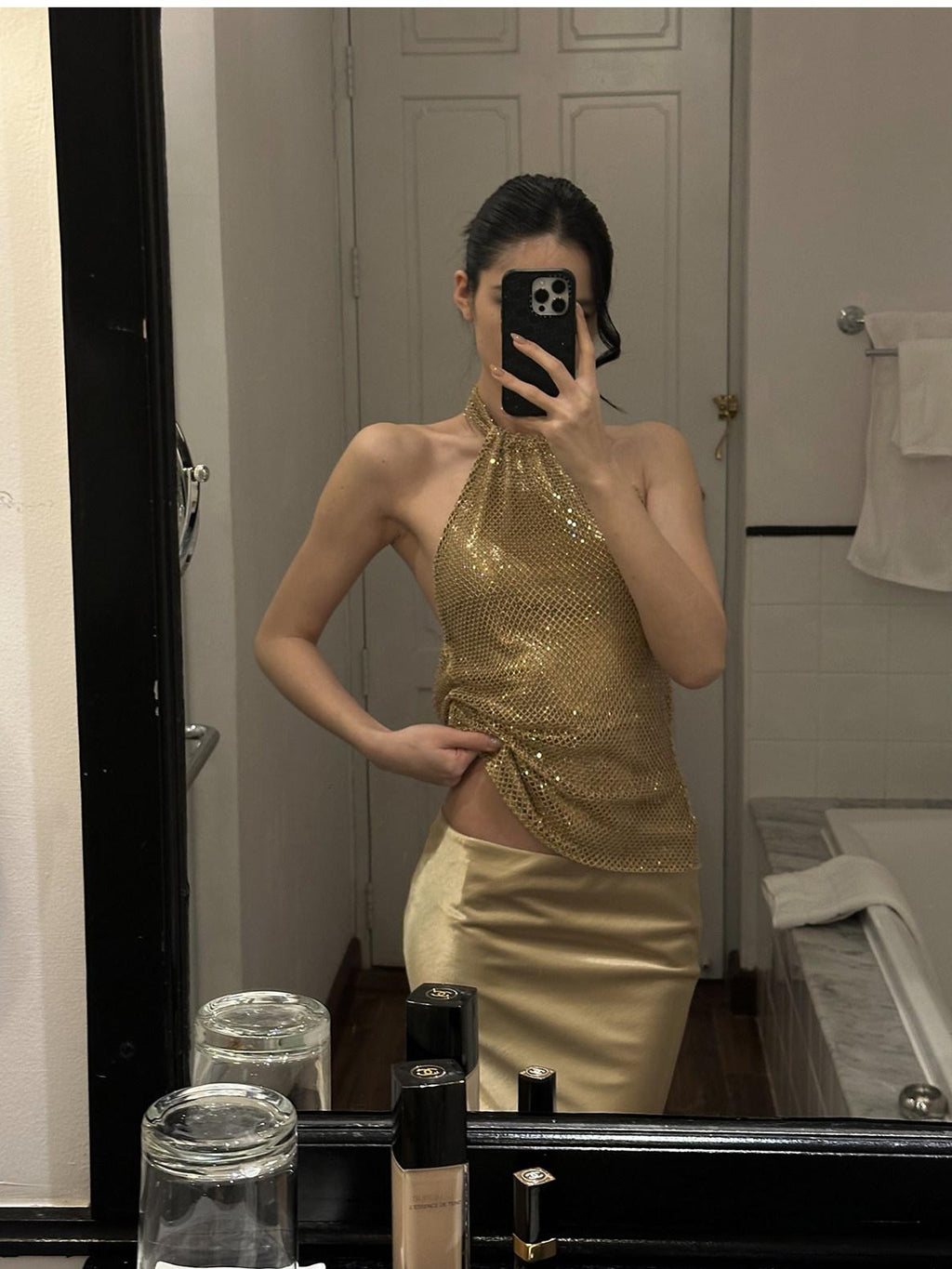rovente test Gold 3D Embellished Slim Elegant Womens Party Travel Polyester Halter Crop Tops