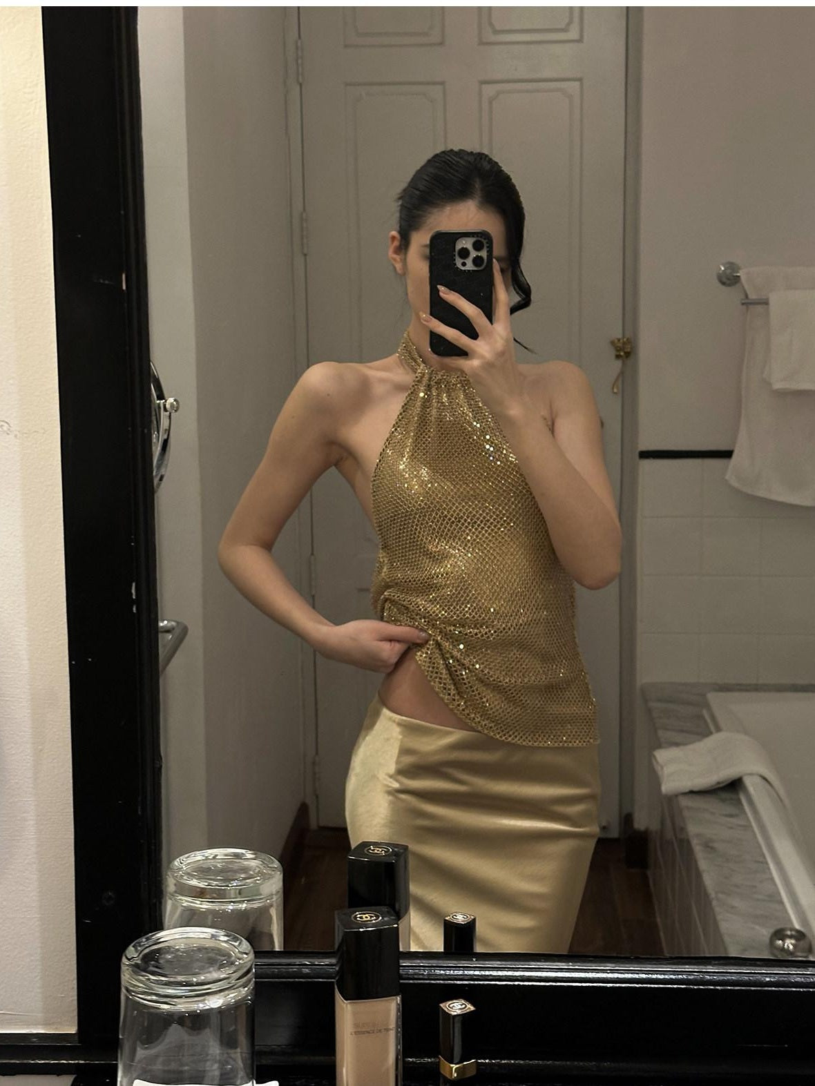 rovente test Gold 3D Embellished Slim Elegant Womens Party Travel Polyester Halter Crop Tops
