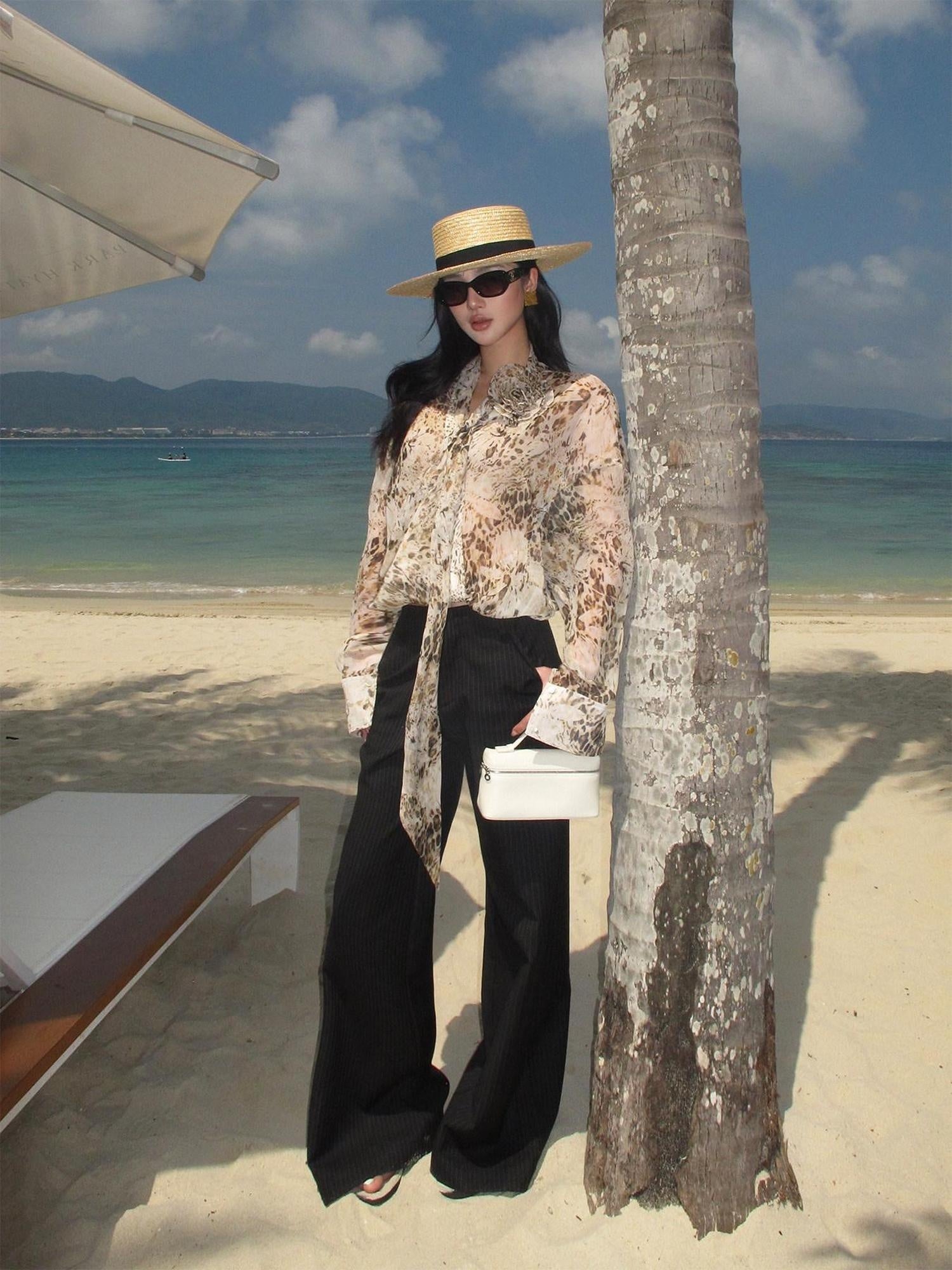 rovente Cooling Lightweight Loose Tie Neck Long Sleeve Leopard Print Women Office Shits