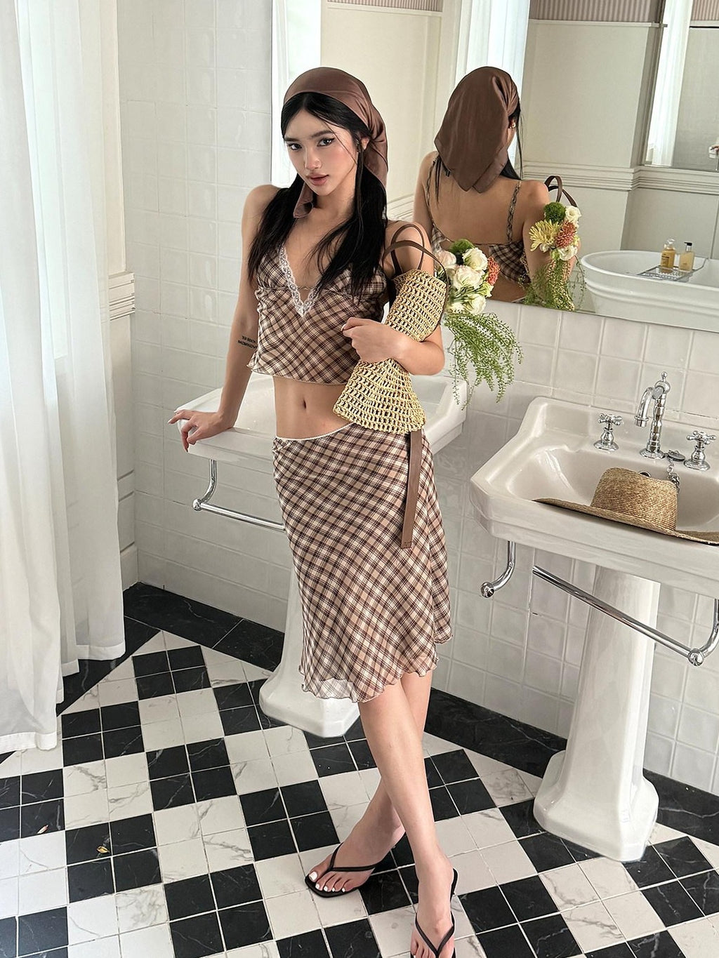 rovente Brown Plaid V-neck Two Piece Cami Skirt Set For Women Top & Skit Sets