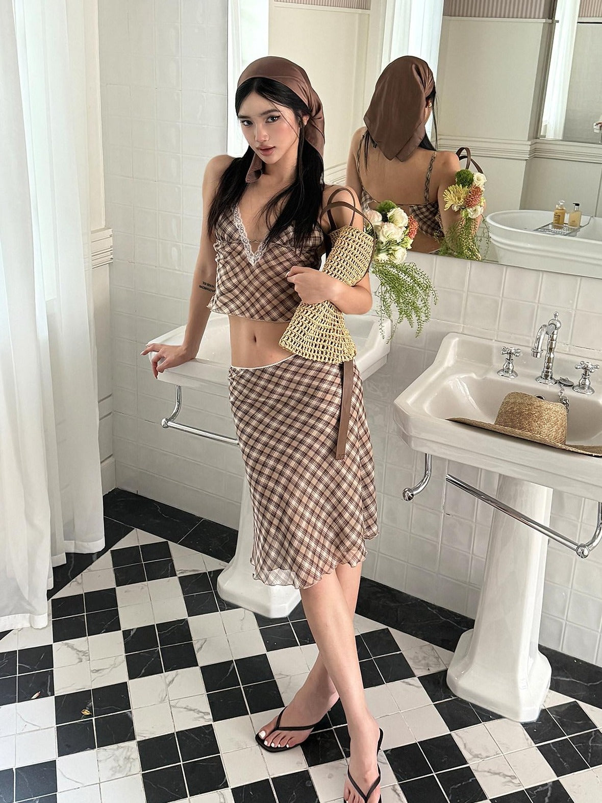 rovente Brown Plaid V-neck Two Piece Cami Skirt Set For Women Top & Skit Sets