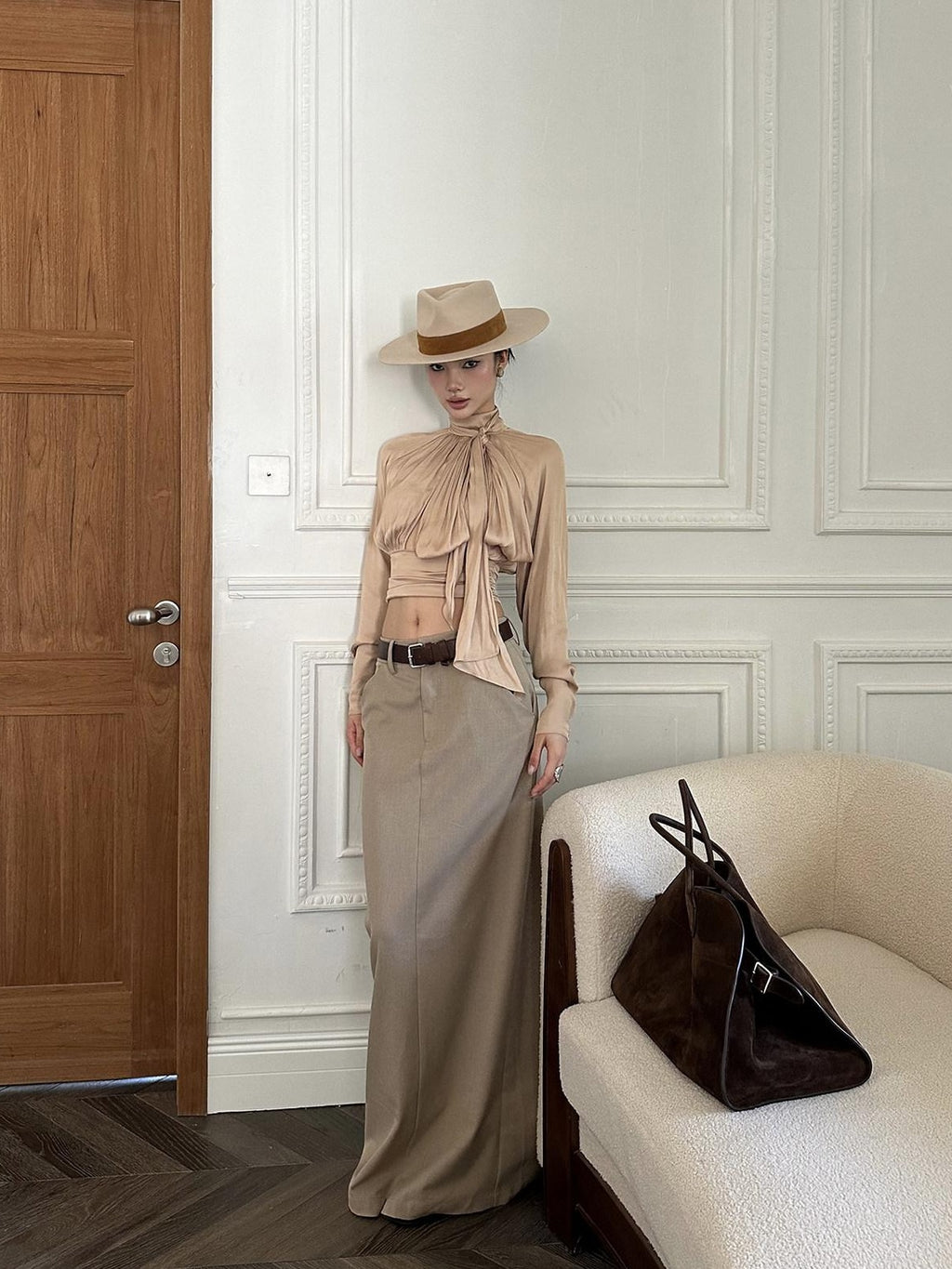 rovente Back Slit Mid Waist Khaki Casual H Cut Straight Poly Blend Maxi Skits